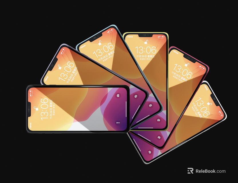 Latest Multiple Smartphones With Gradient Screens Displaying Time 1306 And Digital Design 3d model 