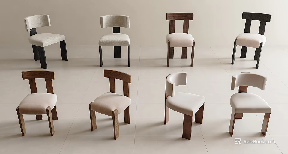 Modern Dining Chairs In Various Styles With Different Materials And Light Tones 3d model 