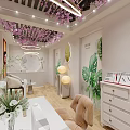 Stylish Bright Beauty Nail Salon Interior With Romantic Cherry Blossom Ceiling Decor And Cozy Workstations