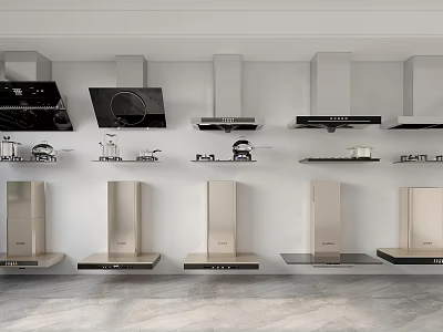 Variety Of Modern Kitchen Appliances Display With Stylish Range Hoods And Cooktops 3d model