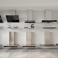 Variety Of Modern Kitchen Appliances Display With Stylish Range Hoods And Cooktops