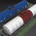 Rail Tank Cars In Blue White Brown Colors On Railway Track With Green Grass
