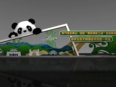 Panda Peeking Over Green Mountain Scenery with Traditional Architecture in Liupanshui Guizhou 3d model