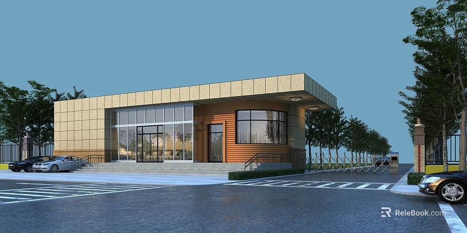 Modern Main Entrance Design With Glass Doors Wooden Wall Large Windows Near Driveway And Trees 3d model 