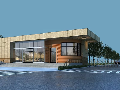 Modern Main Entrance Design With Glass Doors Wooden Wall Large Windows Near Driveway And Trees 3d model