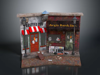 Vintage Pub And Bank Storefront With Red Door Striped Awning Street Lamps And Vending Machine 3d model
