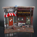 Vintage Pub And Bank Storefront With Red Door Striped Awning Street Lamps And Vending Machine