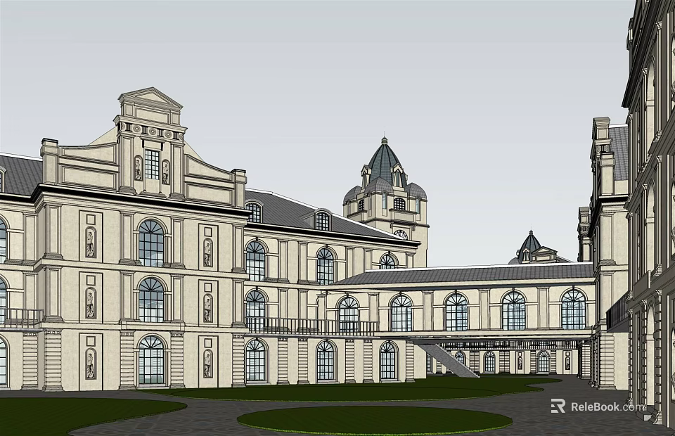 European Style Commercial Street with Classical Architecture Arched Windows and Towers Courtyard Design 3d model 