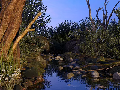 Tranquil Natural Scenery With Flowing Stream Rocks Greenery Dead Trees Blue Sky And Water Reflections 3d model