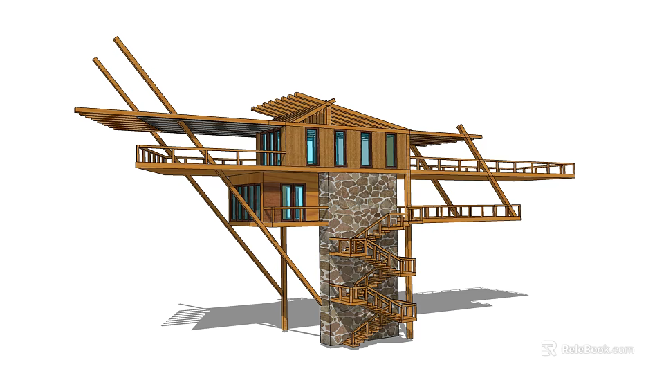 Multi Level Wooden Pergola Design With Stone Support Staircase And Platform Railings 3d model 