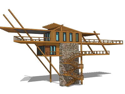 Multi Level Wooden Pergola Design With Stone Support Staircase And Platform Railings 3d model