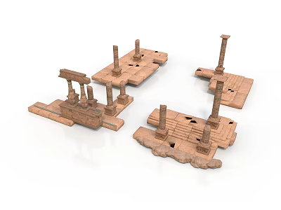 Ancient Architectural Ruins With Stone Columns And Platform Bases 3d model