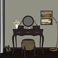 Elegant Dark Brown Dressing Table With Round Mirror Upholstered Stool And Gold Floor Lamp