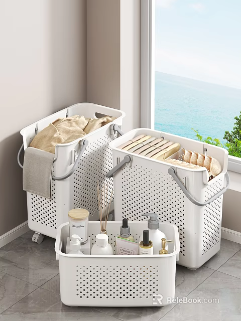 White Perforated Laundry Baskets With Trolley And Toiletries Near Window With Sea View Green Plants 3d model 