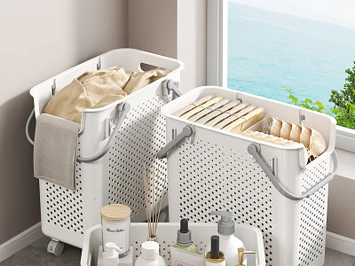 White Perforated Laundry Baskets With Trolley And Toiletries Near Window With Sea View Green Plants 3d model