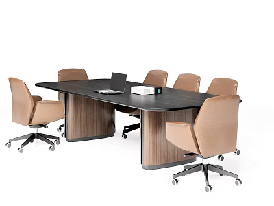 Modern Conference Table With Black Top Wooden Sides And Beige Office Chairs With Wheels 3d model