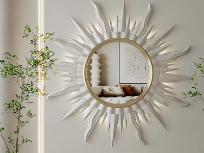 White Sunburst Wall Mirror Decor For Modern Living Room With Green Plants 3d model
