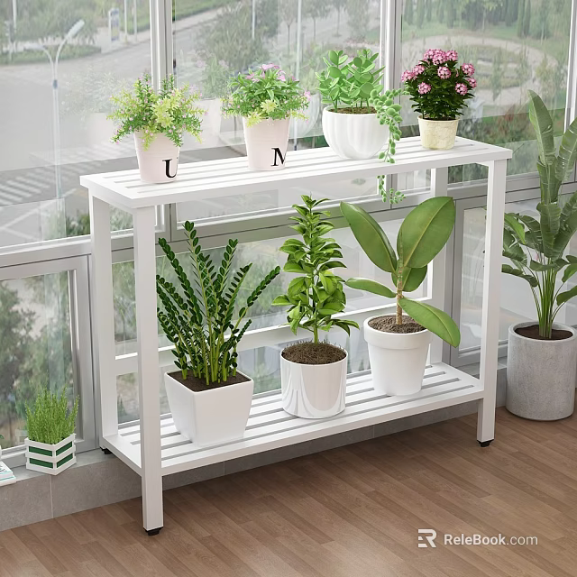 White Two Tier Plant Stand With Potted Green Plants In Indoor Sunny Space 3d model 