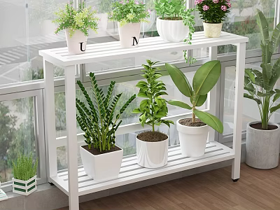 White Two Tier Plant Stand With Potted Green Plants In Indoor Sunny Space 3d model
