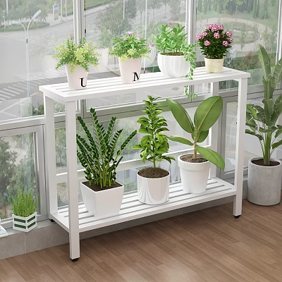 White Two Tier Plant Stand With Potted Green Plants In Indoor Sunny Space 3d model