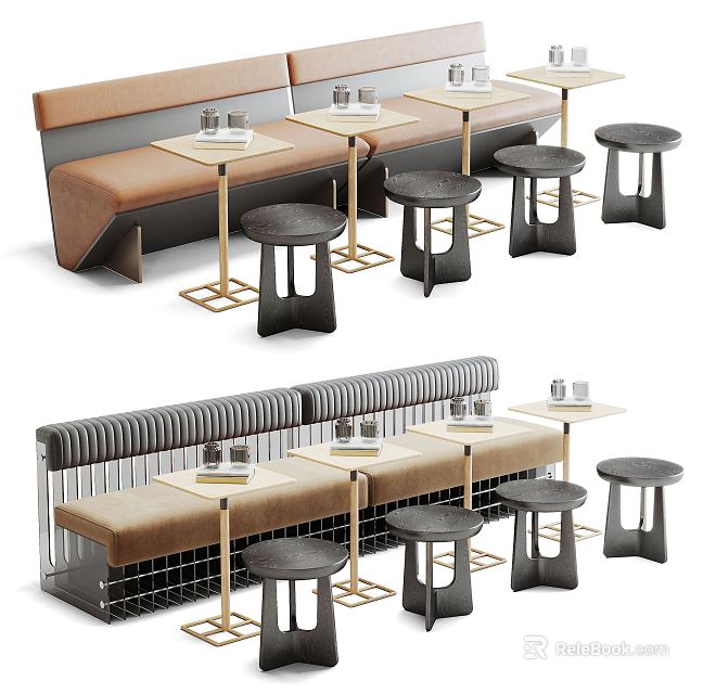 Modern Public Chairs With Bench Seats Round Stools And Wooden Tables 3d model 