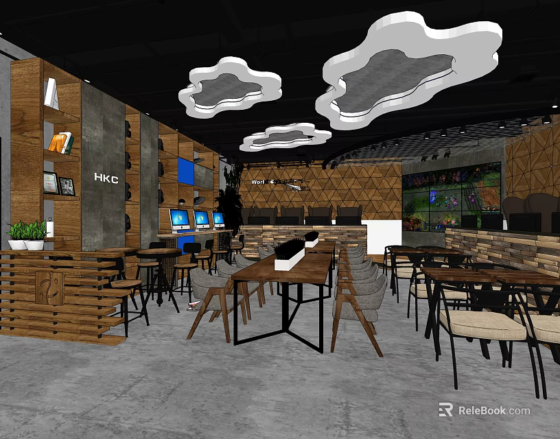 Modern Hotel Public Lounge With Cloud Shaped Pendant Lights And Wooden Decor 3d model 