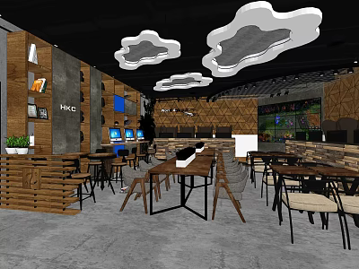 Modern Hotel Public Lounge With Cloud Shaped Pendant Lights And Wooden Decor 3d model