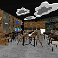 Modern Hotel Public Lounge With Cloud Shaped Pendant Lights And Wooden Decor