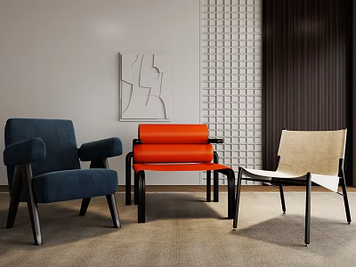 Modern Accent Chairs Navy Blue Orange Beige With Geometric Artwork Gray Brick Wall Dark Curtains 3d model