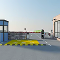 Public Facility Entrance With Security Barrier Gate And Directional Road Arrows