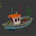 Small Boat With Orange Roof White Cabin Blue Hull Black Tires And Red Green Lights
