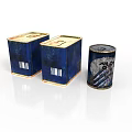Household Supplies Including Blue Box Containers And Metal Canister With Labels
