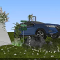 All New Third Generation Blue Nissan Qashqai On Green Grass With White Flowers