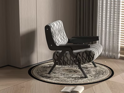 Modern Leisure Chair With Black White Geometric Pattern Wooden Frame On Round Rug 3d model