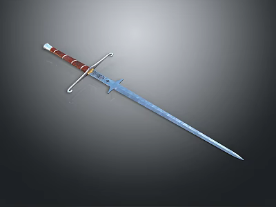 Medieval Long Sword With Red Wrapped Handle And Sharp Metallic Blade On Gray Background 3d model