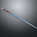 Medieval Long Sword With Red Wrapped Handle And Sharp Metallic Blade On Gray Background