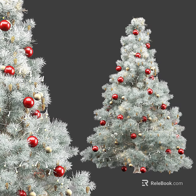 Silver Christmas Tree Decorated With Red Baubles Gold Accents And Festive Branches 3d model 
