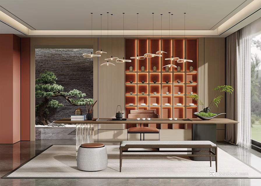 Serene Tea Room Interior With Wooden Shelf Hanging Lights Bonsai Tree And Stone Wall 3d model 