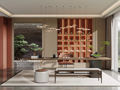 Serene Tea Room Interior With Wooden Shelf Hanging Lights Bonsai Tree And Stone Wall 3d model