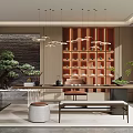 Serene Tea Room Interior With Wooden Shelf Hanging Lights Bonsai Tree And Stone Wall