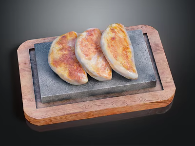 Three Crispy Golden Fried Dumplings on Stone Slab in Wooden Tray 3d model