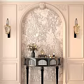 Elegant Modern Entryway Interior with Console Table Patterned Wallpaper and Gold Wall Sconces 3d model