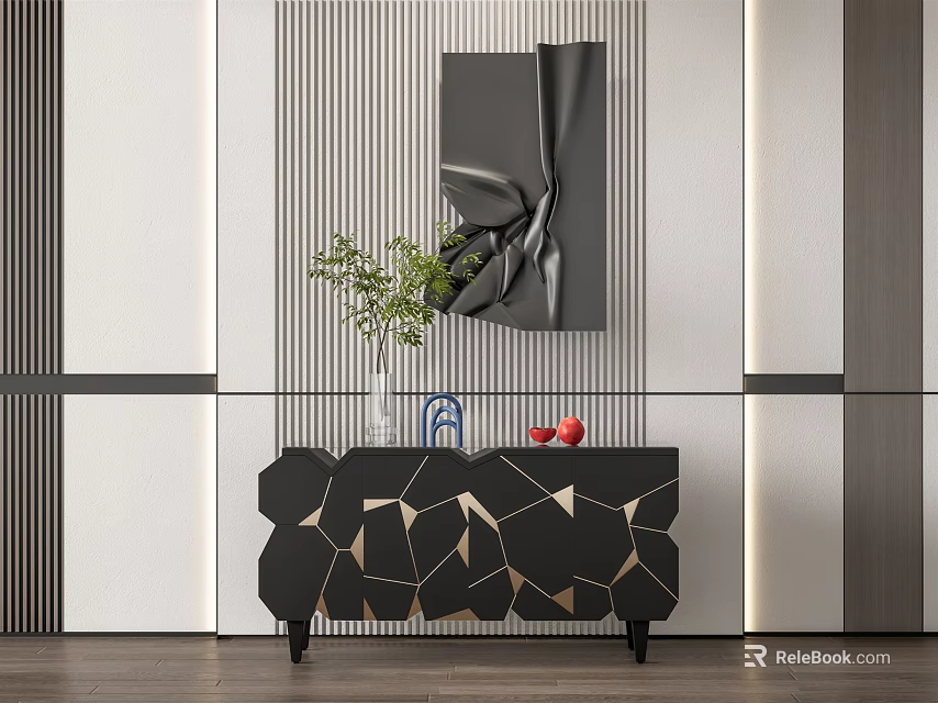 Modern Entryway Console Table With Geometric Pattern Green Plant Vase And Red Decor 3d model