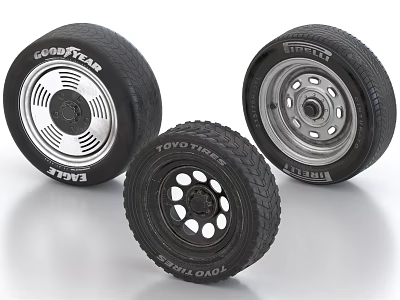 Goodyear And Toyo Car Tires With Silver Rims And Multi Spoke Wheel Designs 3d model