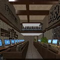 Spacious Internet Cafe Interior With Multiple Computers Rows Of Sofa Seats And Wooden Ceiling 3d model