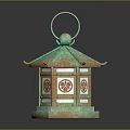 Traditional Copper Lantern With Green Patina Handle Ring Hexagonal Shape And Decorative Patterns