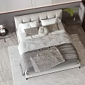 Modern Double Bed Bedroom Interior With Gray Headboard Vertical Striped Wall And Pillows 3d model