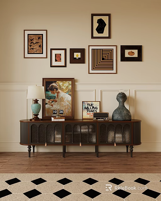 Dark Wood TV Stand With Wicker Doors And Decorative Lamp Framed Pictures On Light Wall 3d model 