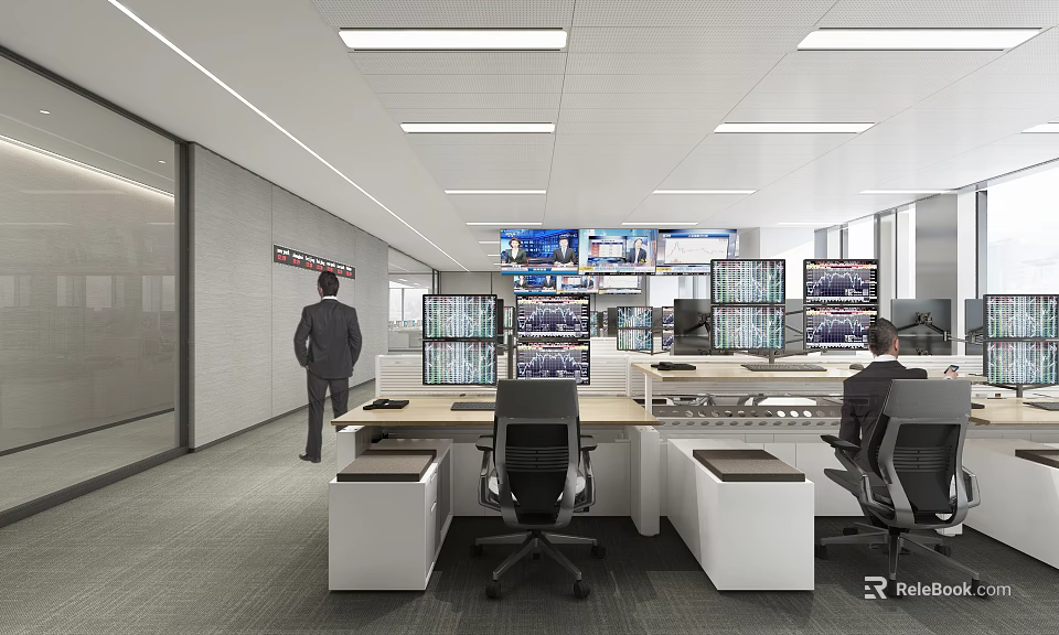 Modern Public Office Area With Workstations Multiple Computer Monitors And Staff Members 3d model 
