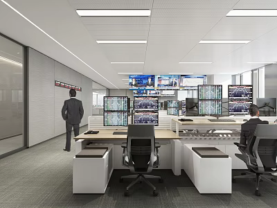 Modern Public Office Area With Workstations Multiple Computer Monitors And Staff Members 3d model
